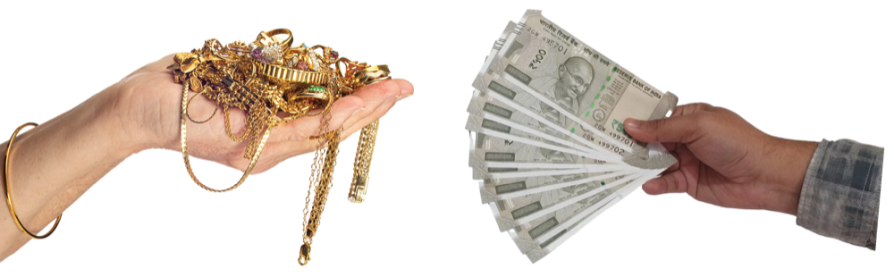 Hand holding gold jewellery exchanged for a hand holding cash